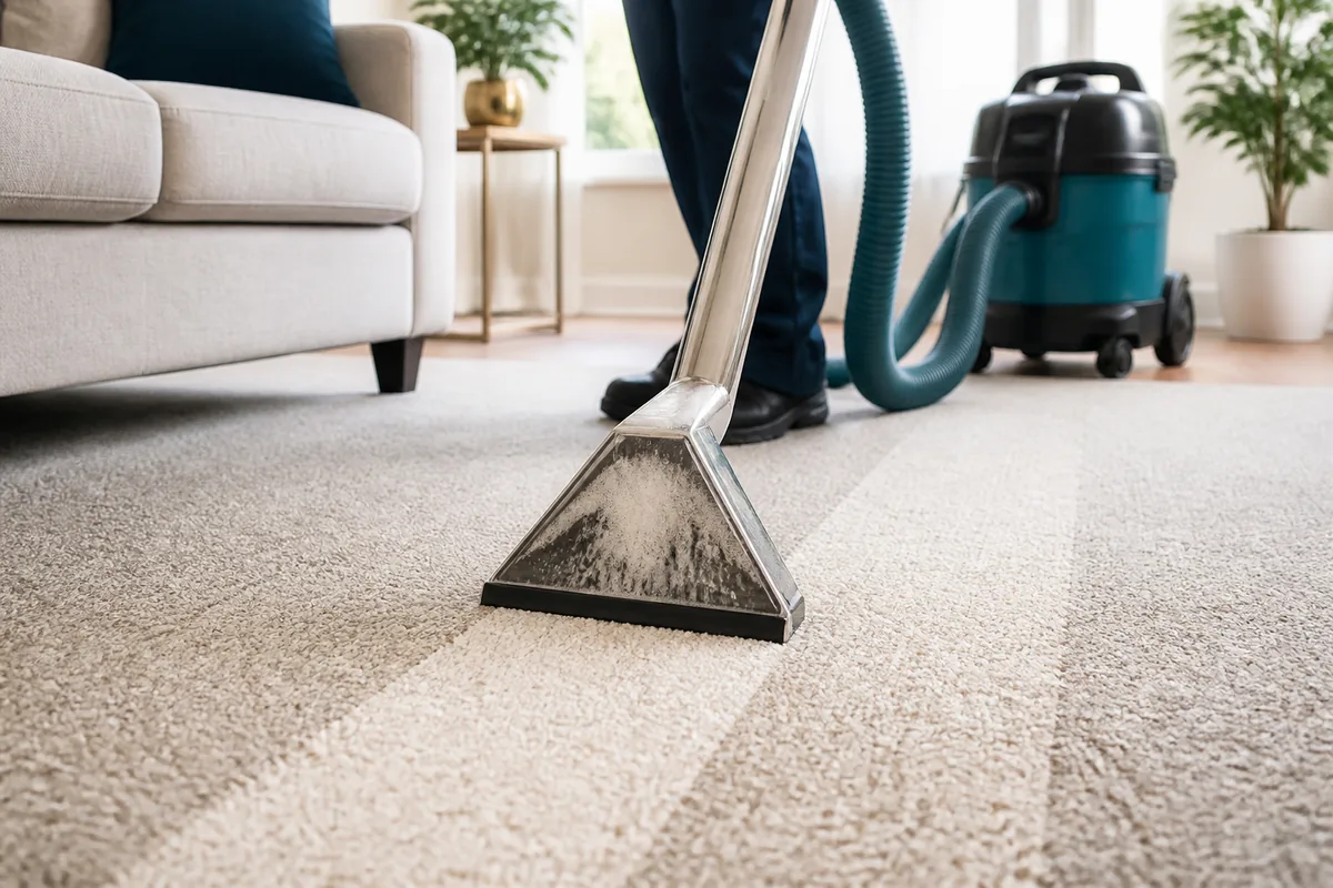 Professional carpet extraction cleaning in a living room