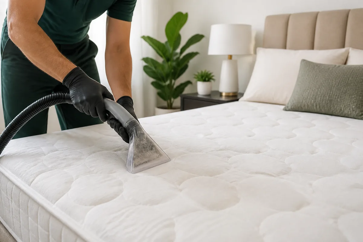 Professional mattress cleaning in a bright bedroom