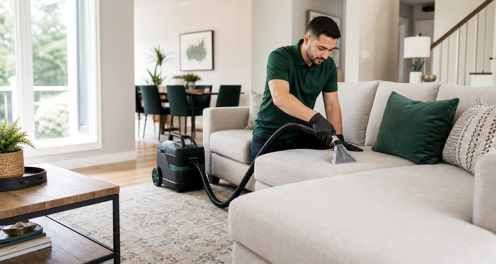Professional sofa upholstery cleaning in a modern living room